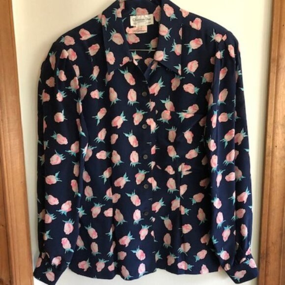 DIOR Silk Navy Pink Rose Long Sleeve Blouse 6 Vintage - Picture 2 of 14